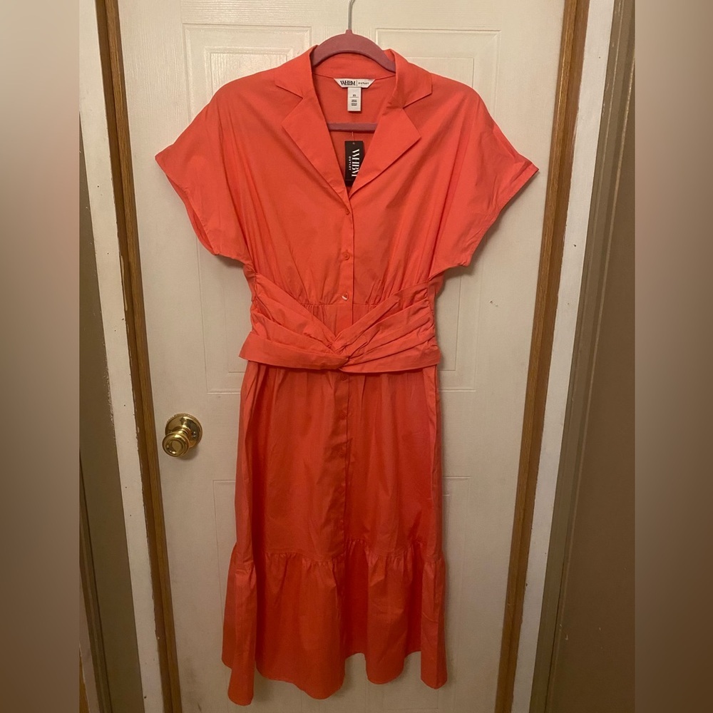 White House Black Market Coral Button-Front Midi Dress with Twist Waist